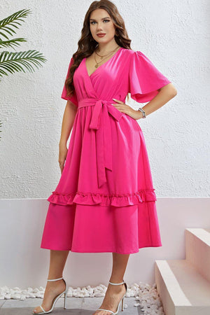 Belted Frill Trim Plus Size Hot Pink Midi Dress - MXSTUDIO.COM