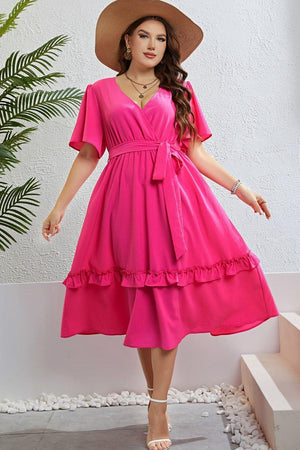 Belted Frill Trim Plus Size Hot Pink Midi Dress - MXSTUDIO.COM