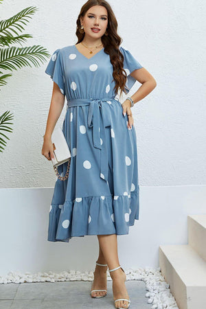 Belted Waist Misty Blue Plus Size Polka Dot Dress - MXSTUDIO.COM