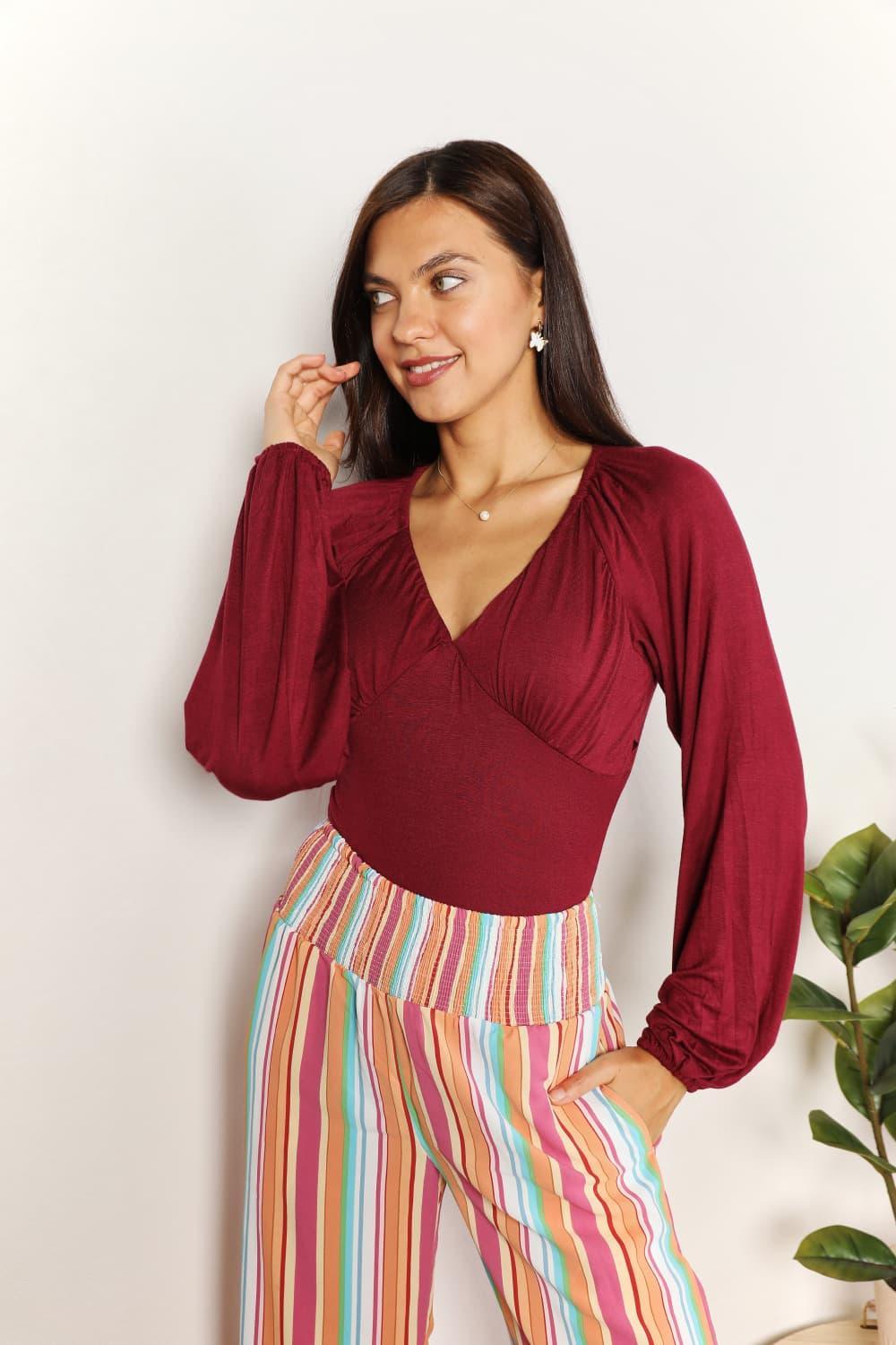 Better Me Wine Red Plus Size Long Sleeve Bodysuit - MXSTUDIO.COM