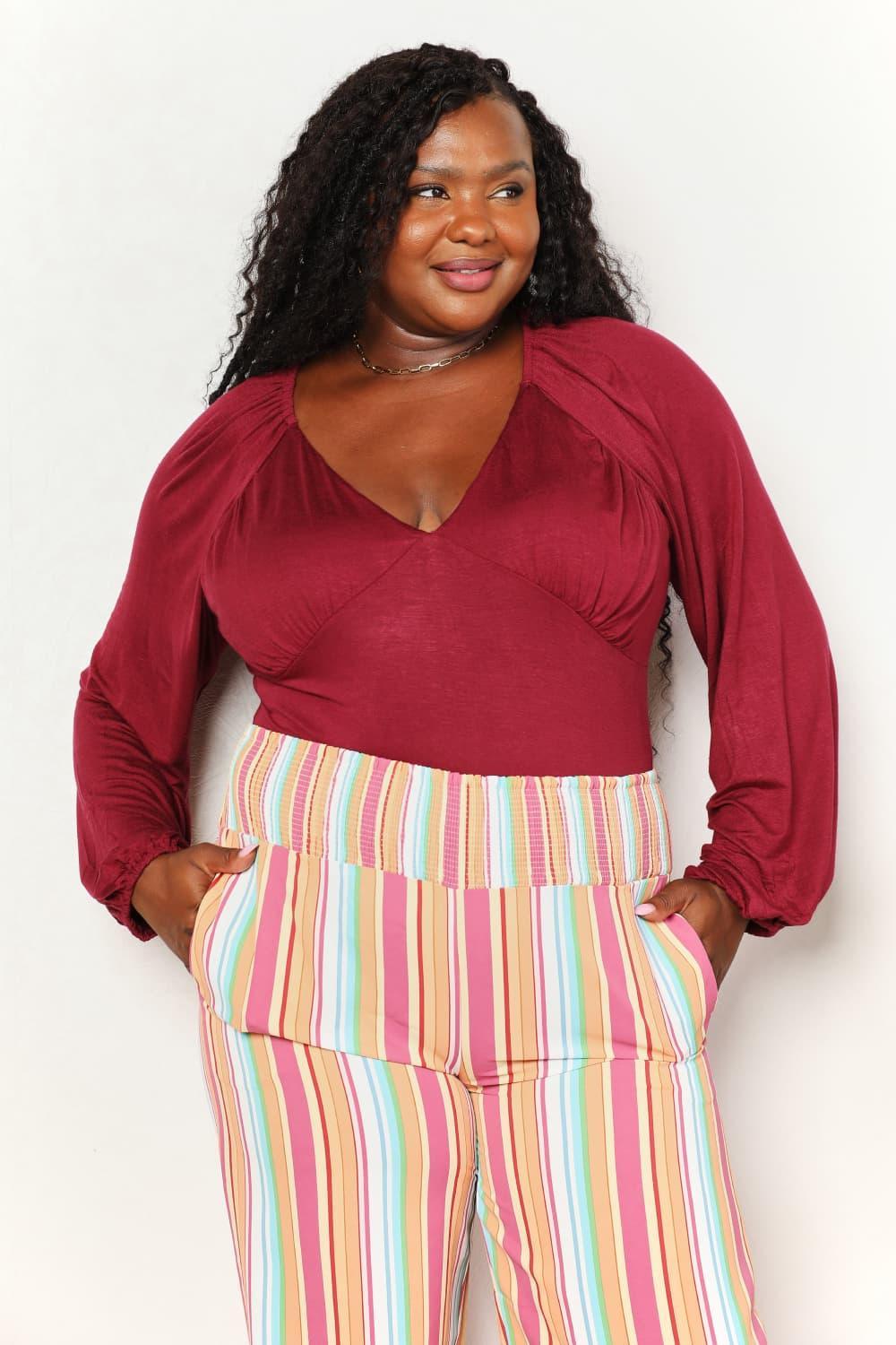 Better Me Wine Red Plus Size Long Sleeve Bodysuit - MXSTUDIO.COM