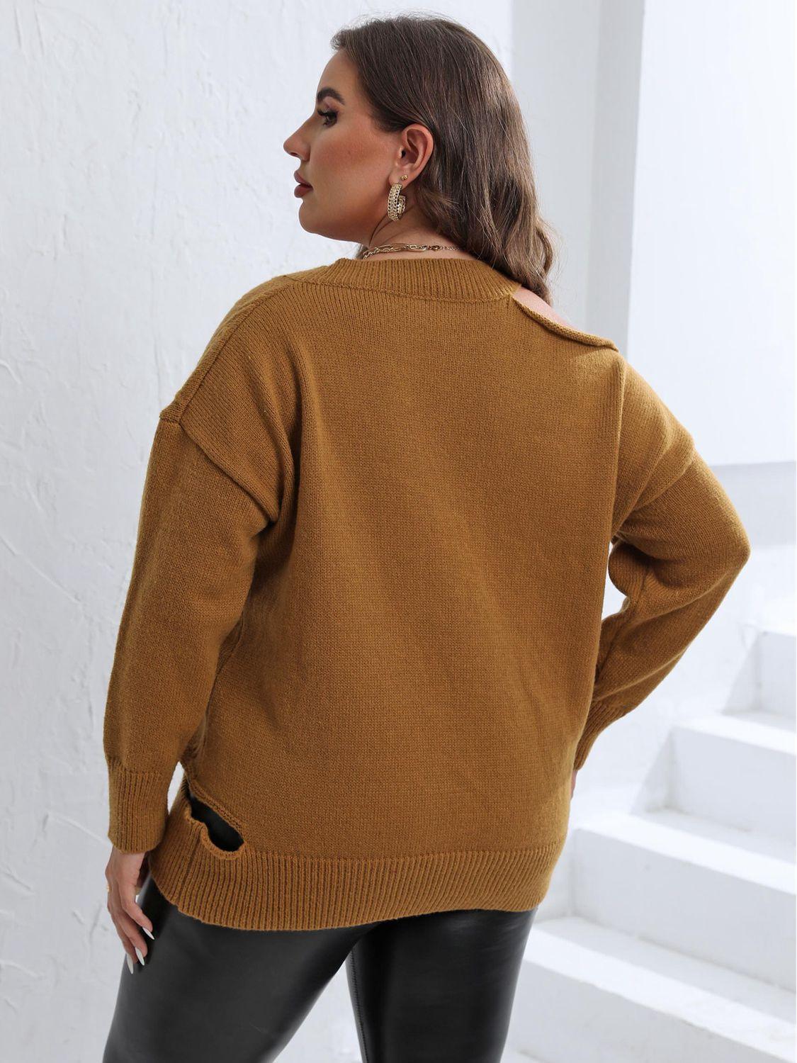 Chic Cutout Shoulder Plus Size V Neck Sweater - MXSTUDIO.COM