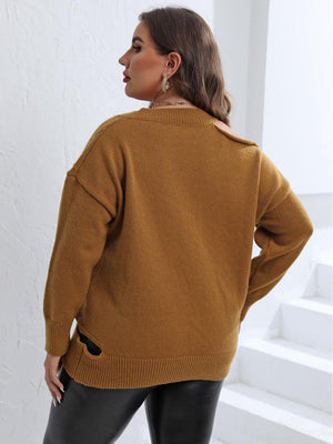 Chic Cutout Shoulder Plus Size V Neck Sweater - MXSTUDIO.COM
