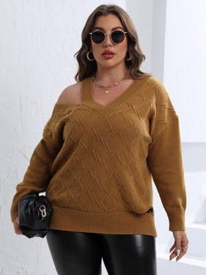 Chic Cutout Shoulder Plus Size V Neck Sweater - MXSTUDIO.COM