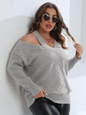 Chic Cutout Shoulder Plus Size V Neck Sweater - MXSTUDIO.COM