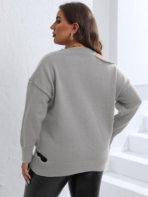 Chic Cutout Shoulder Plus Size V Neck Sweater - MXSTUDIO.COM