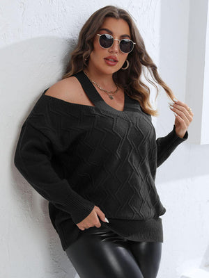 Chic Cutout Shoulder Plus Size V Neck Sweater - MXSTUDIO.COM