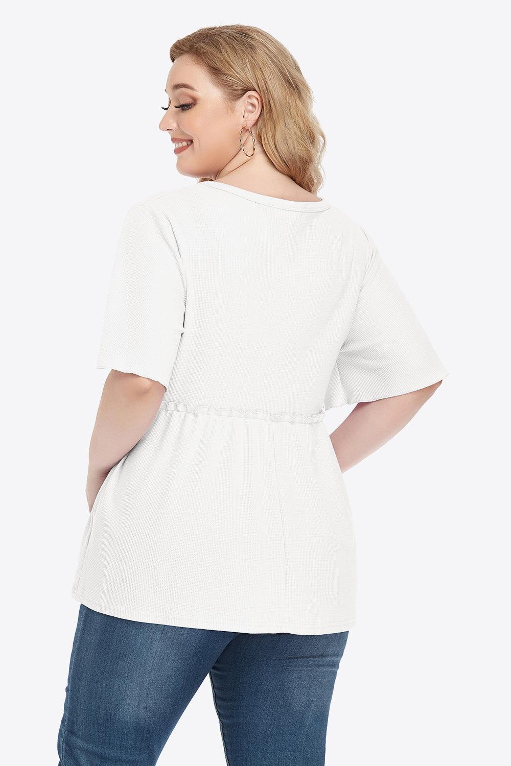 Contemporary Buttoned Frill Trim Plus Size Babydoll Blouse - MXSTUDIO.COM