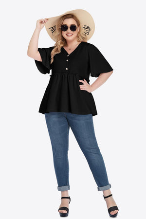 Contemporary Buttoned Frill Trim Plus Size Babydoll Blouse - MXSTUDIO.COM