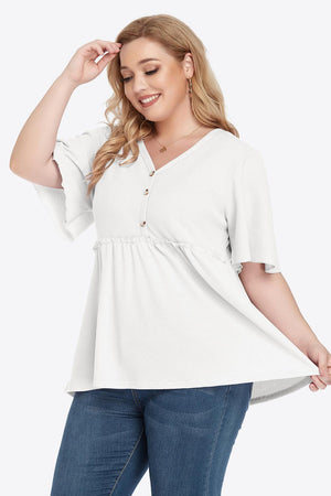 Contemporary Buttoned Frill Trim Plus Size Babydoll Blouse - MXSTUDIO.COM
