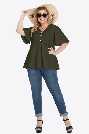 Contemporary Buttoned Frill Trim Plus Size Babydoll Blouse - MXSTUDIO.COM