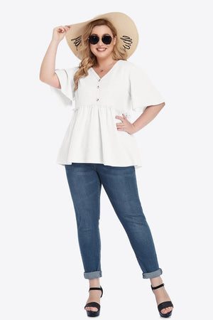 Contemporary Buttoned Frill Trim Plus Size Babydoll Blouse - MXSTUDIO.COM