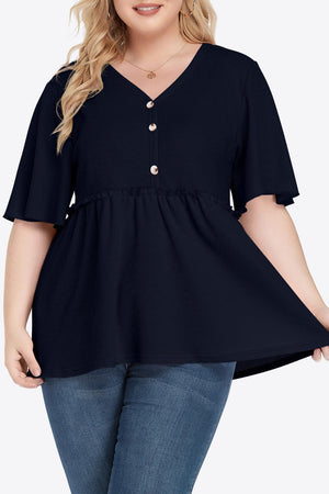 Contemporary Buttoned Frill Trim Plus Size Babydoll Blouse - MXSTUDIO.COM