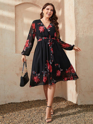 Contented Plus Size Floral Long Sleeve Dress - MXSTUDIO.COM