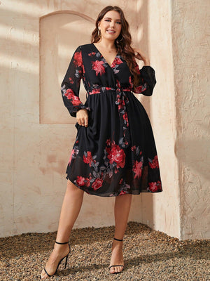 Contented Plus Size Floral Long Sleeve Dress - MXSTUDIO.COM
