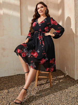 Contented Plus Size Floral Long Sleeve Dress - MXSTUDIO.COM