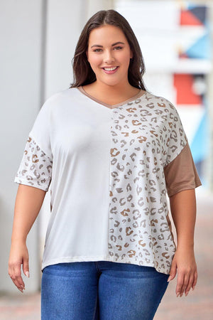 Contrast Leopard Print Plus Size V Neck T-Shirt - MXSTUDIO.COM