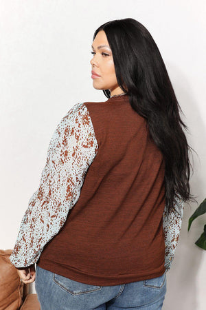 Creative Expression Foil Printed Sleeve Plus Size Brown Top - MXSTUDIO.COM