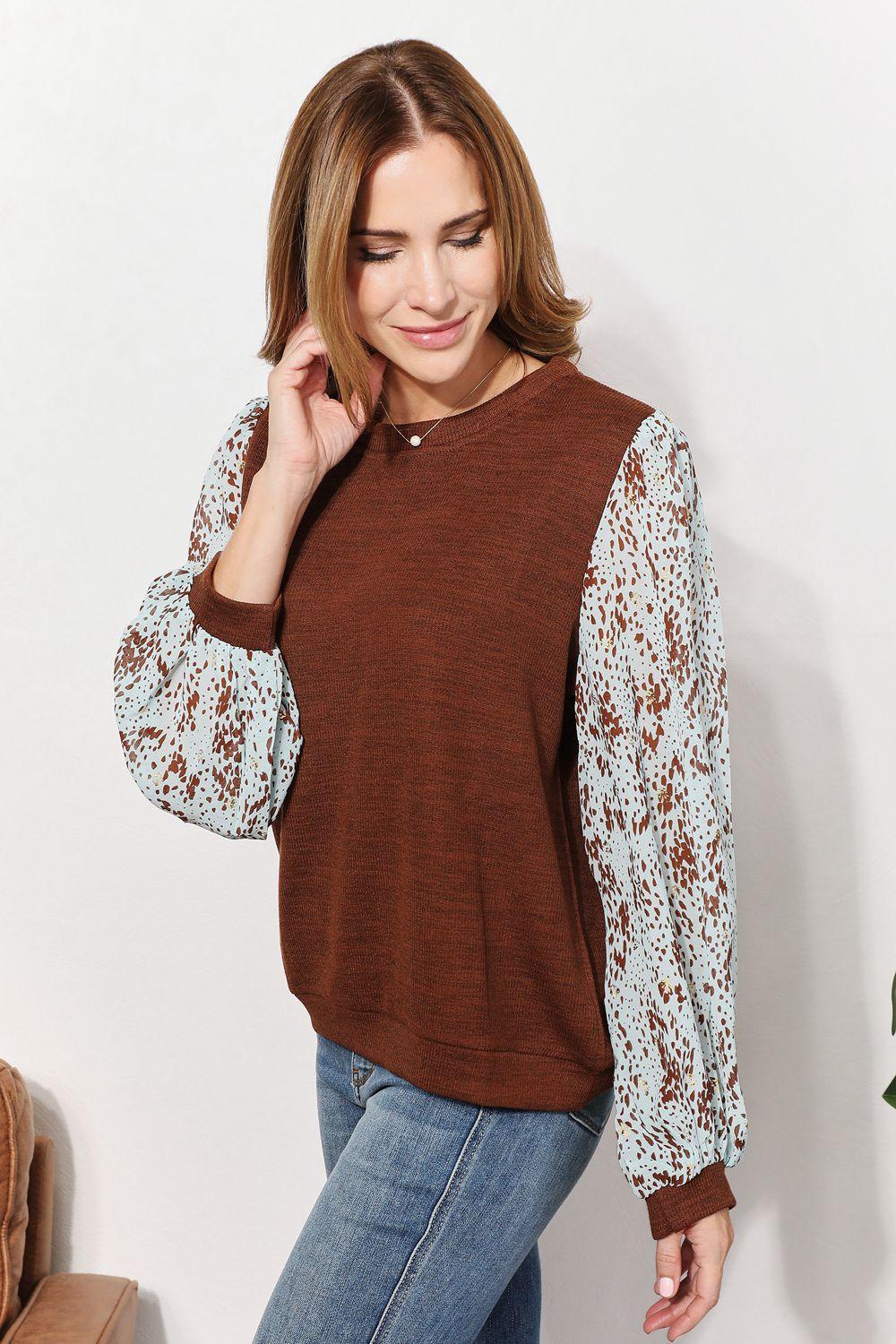 Creative Expression Foil Printed Sleeve Plus Size Brown Top - MXSTUDIO.COM