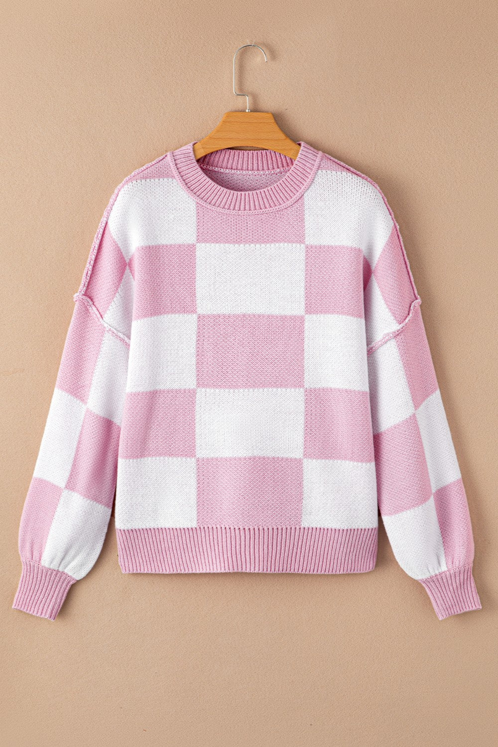 Timeless Coziness Exposed Seam Checkered Sweater