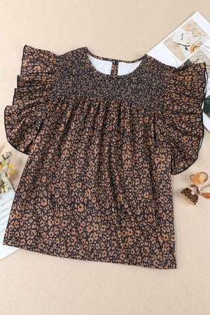 Delightful Plus Size Printed Butterfly Sleeve Smocked Blouse - MXSTUDIO.COM