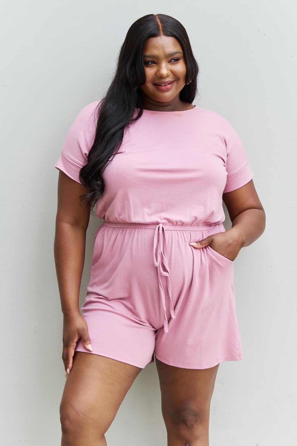 Drawstring Waist Plus Size Pink Romper - MXSTUDIO.COM