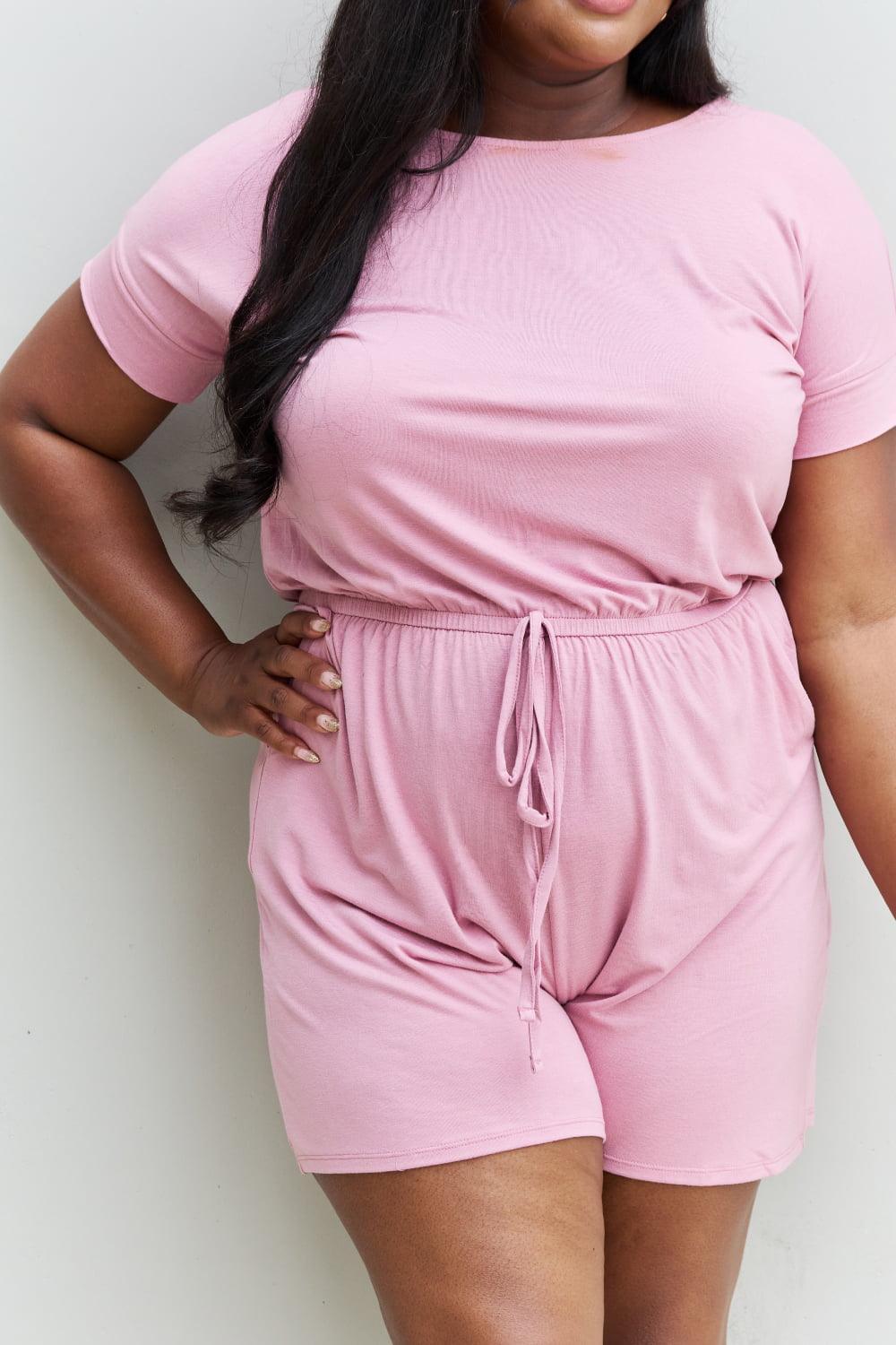 Drawstring Waist Plus Size Pink Romper - MXSTUDIO.COM