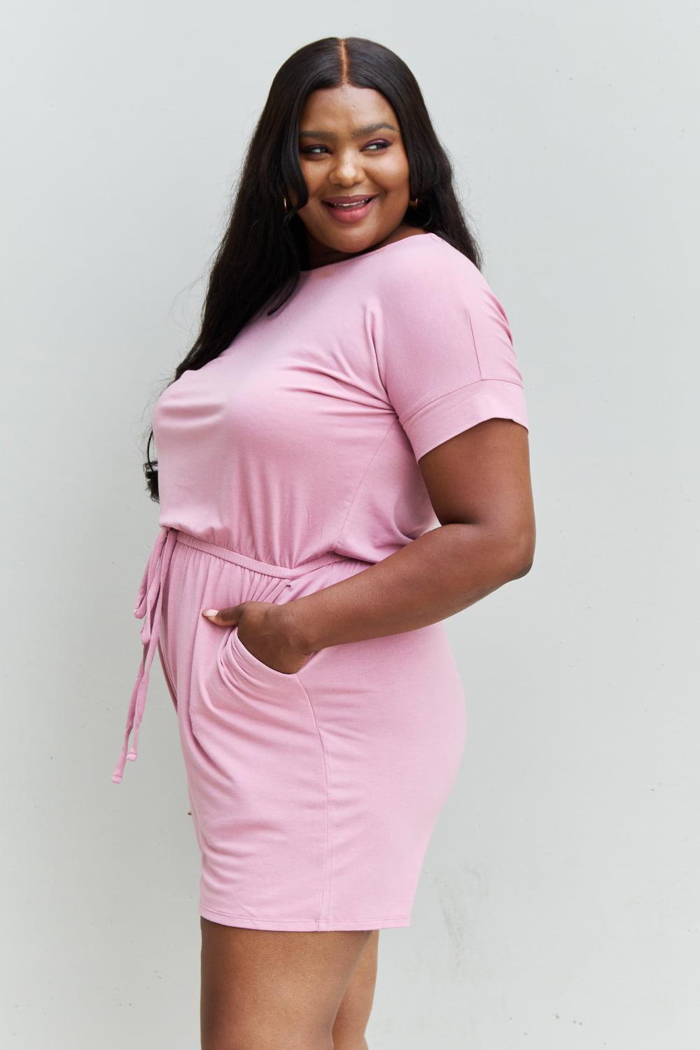 Drawstring Waist Plus Size Pink Romper - MXSTUDIO.COM