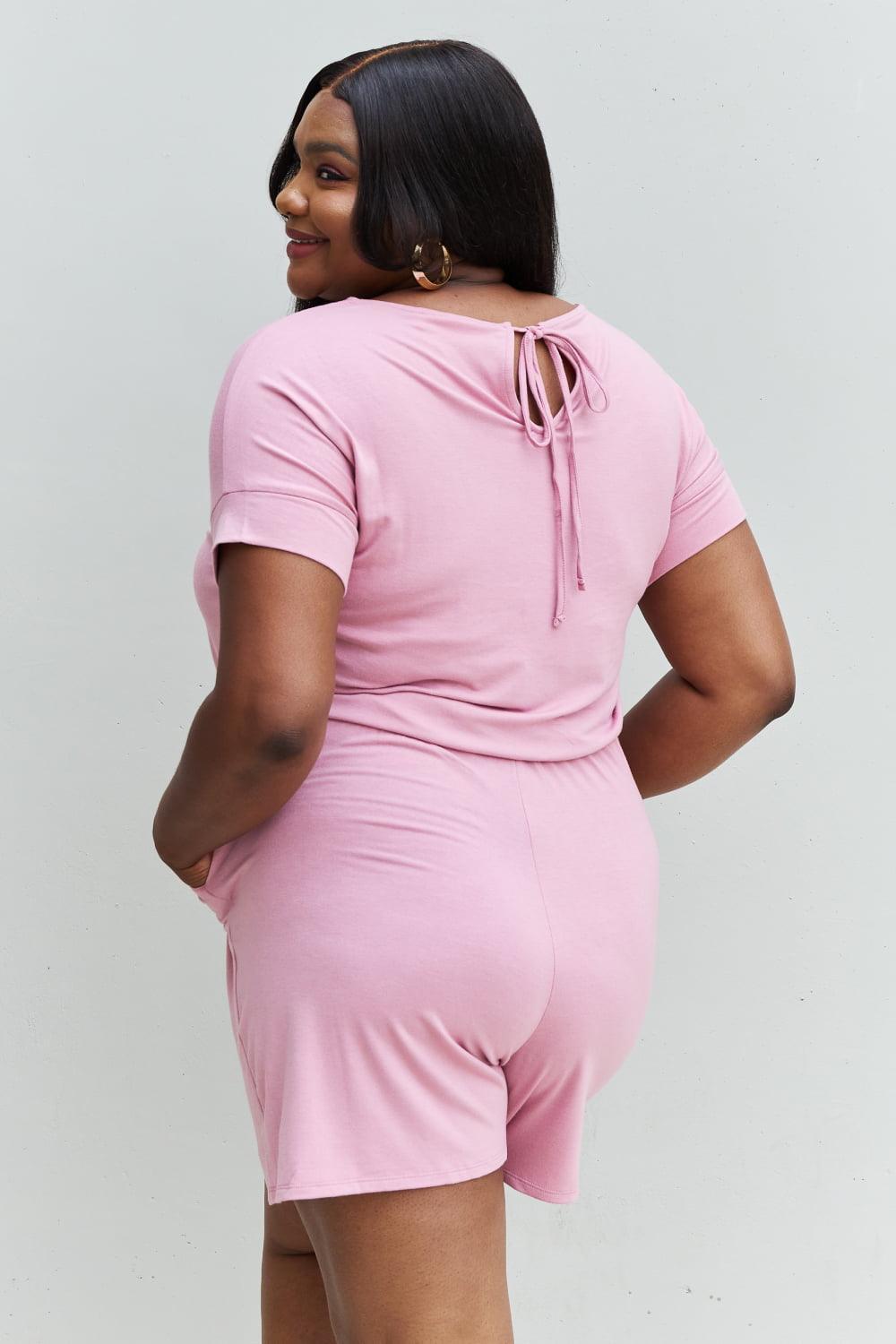 Drawstring Waist Plus Size Pink Romper - MXSTUDIO.COM
