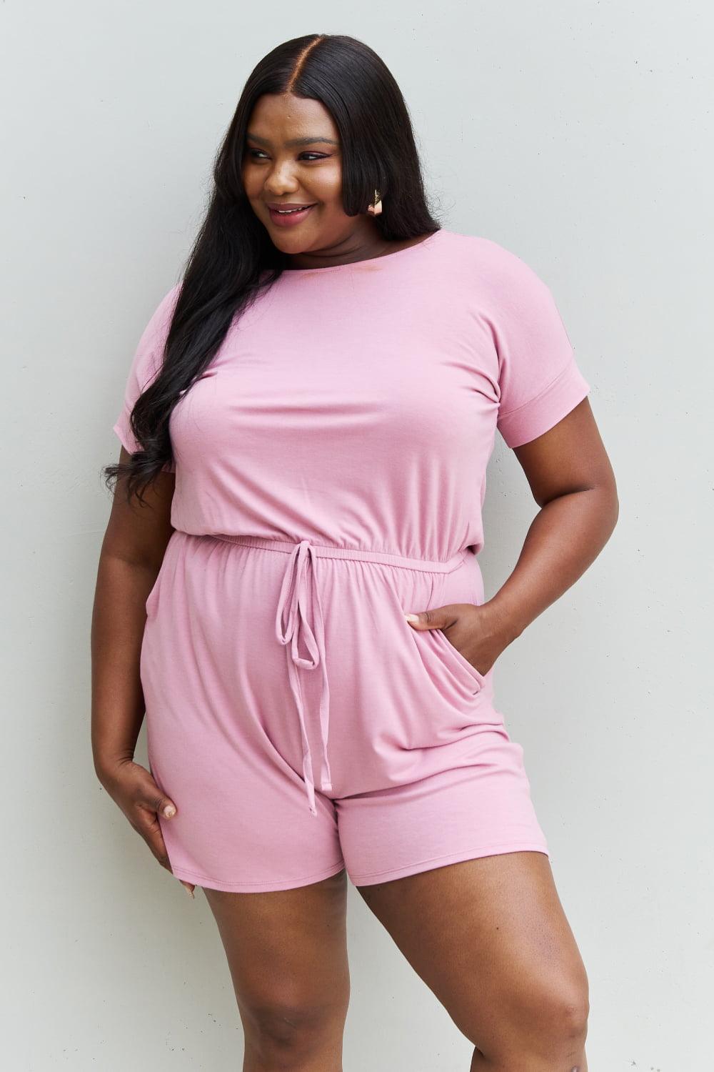 Drawstring Waist Plus Size Pink Romper - MXSTUDIO.COM