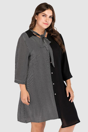 Dual Tone Plus Size Tie-Neck Mini Dress - MXSTUDIO.COM