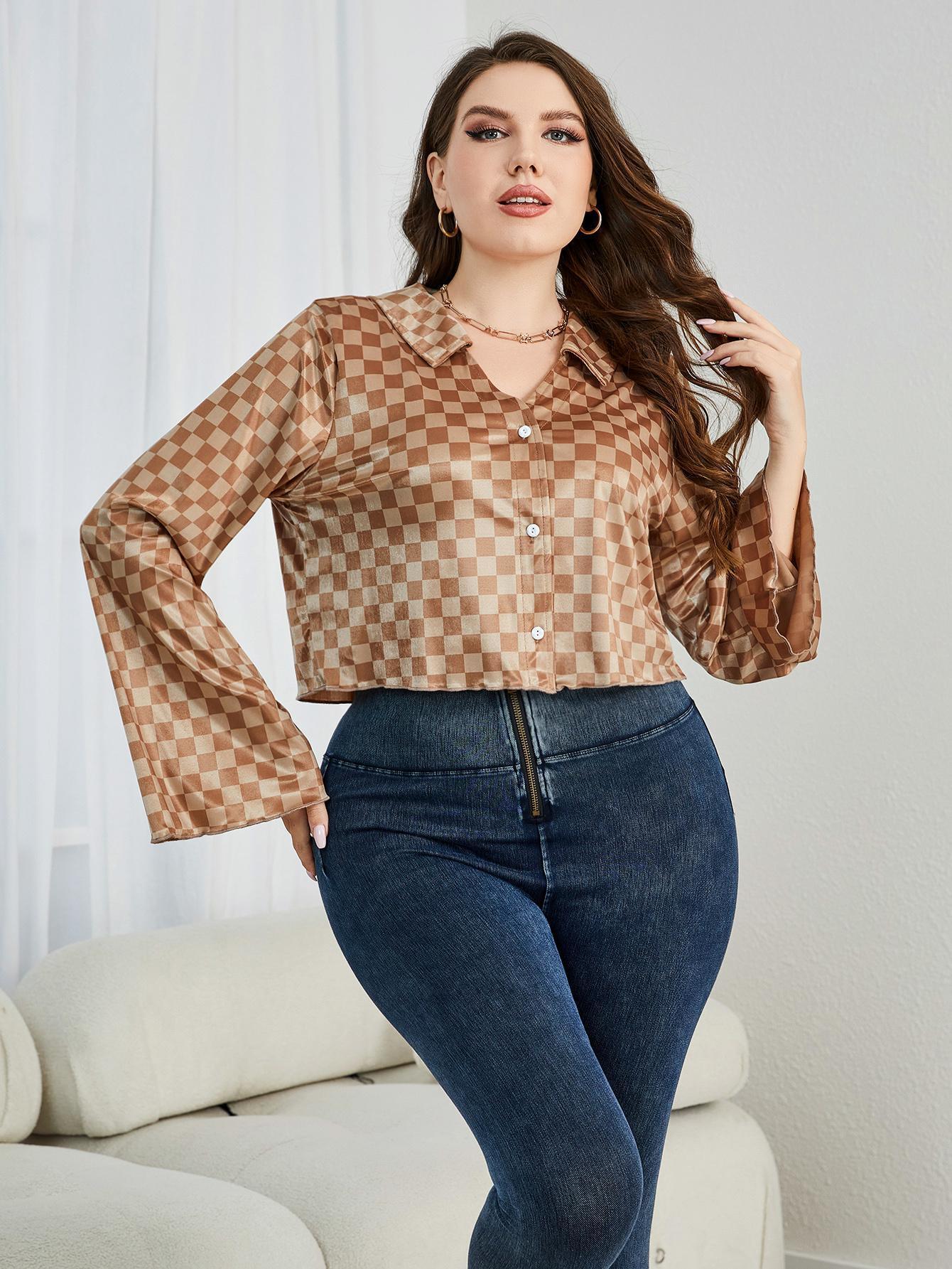 Enamoring Checkered Plus Size Long Sleeve Top - MXSTUDIO.COM