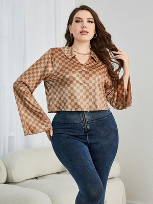 Enamoring Checkered Plus Size Long Sleeve Top - MXSTUDIO.COM