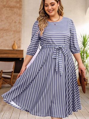 Fabulous Tie Waist Misty Blue Plus Size Striped Dress - MXSTUDIO.COM