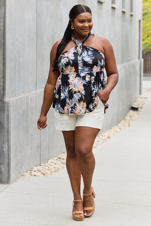 Flattering Plus Size Sleeveless Floral Halter Top - MXSTUDIO.COM