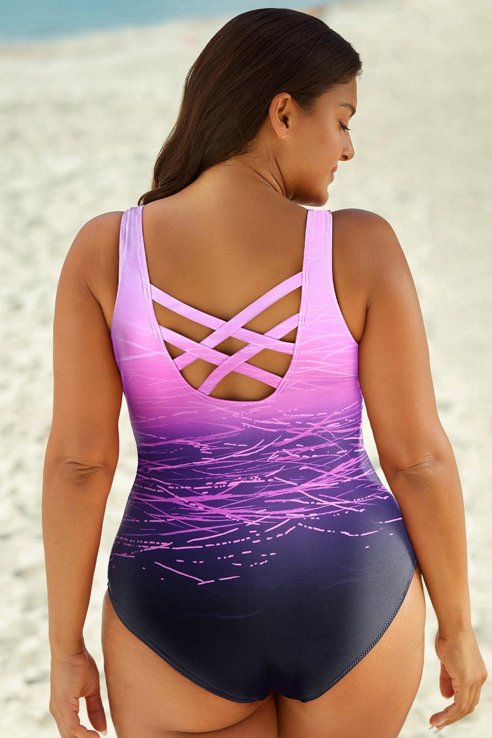 Gradient Leopard Plus Size Crisscross Back One Piece Swimsuit - MXSTUDIO.COM