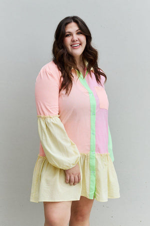 Groovy Color Block Plus Size Long Sleeve Mini Dress - MXSTUDIO.COM