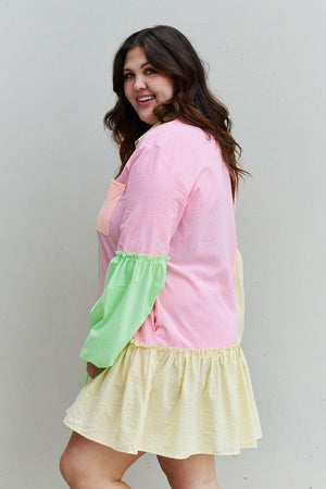 Groovy Color Block Plus Size Long Sleeve Mini Dress - MXSTUDIO.COM