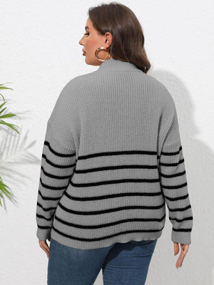 Heart Graphic Zip-Up Plus Size Striped Sweater - MXSTUDIO.COM