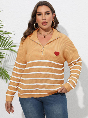 Heart Graphic Zip-Up Plus Size Striped Sweater - MXSTUDIO.COM