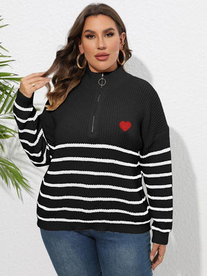 Heart Graphic Zip-Up Plus Size Striped Sweater - MXSTUDIO.COM