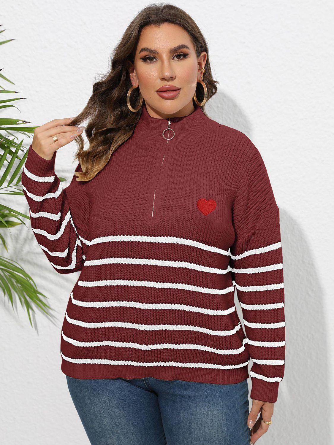 Heart Graphic Zip-Up Plus Size Striped Sweater - MXSTUDIO.COM