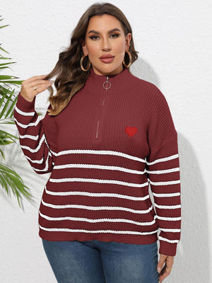 Heart Graphic Zip-Up Plus Size Striped Sweater - MXSTUDIO.COM