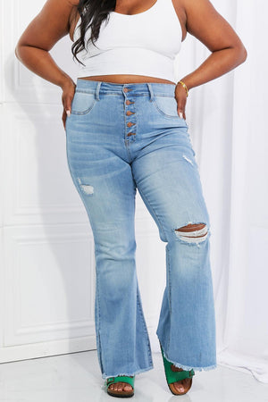 Jovial Flare Distressed Plus Size Button Fly Jeans - MXSTUDIO.COM