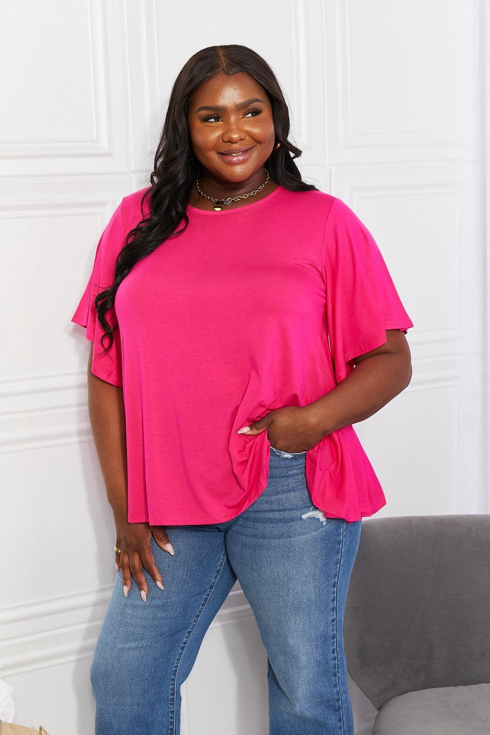 Lighten Your Day Hot Pink Plus Size Flutter Sleeve Top - MXSTUDIO.COM