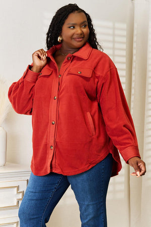Long Puff Sleeve Rust Button Down Plus Size Shacket - MXSTUDIO.COM