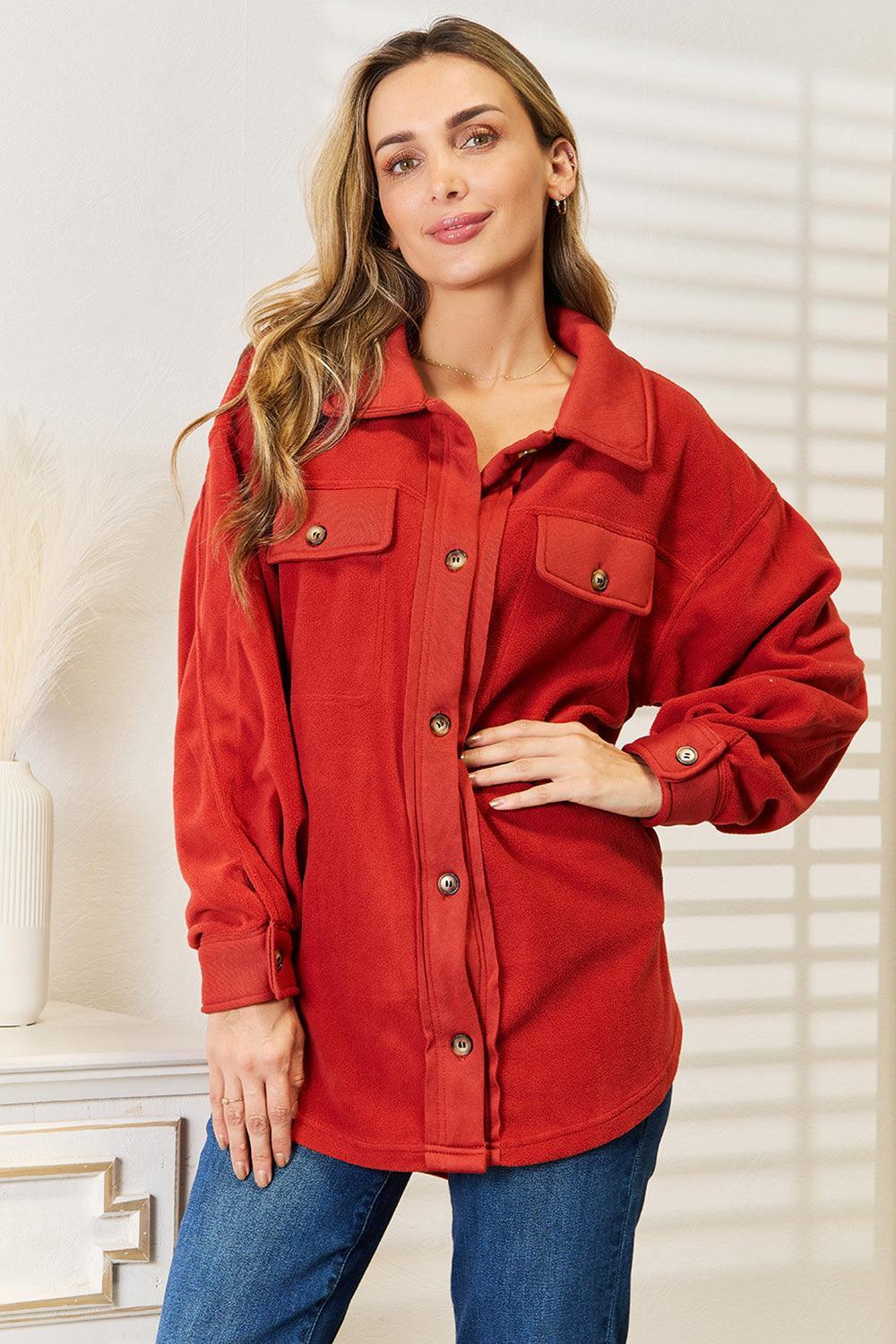 Long Puff Sleeve Rust Button Down Plus Size Shacket - MXSTUDIO.COM
