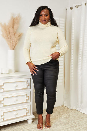 Long Sleeve Cream Plus Size Turtleneck Sweater - MXSTUDIO.COM