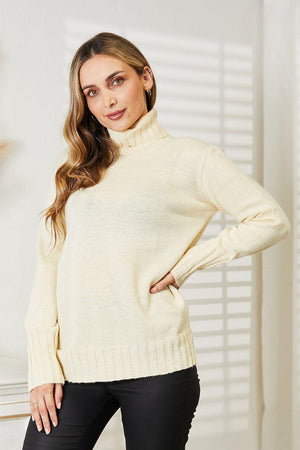 Long Sleeve Cream Plus Size Turtleneck Sweater - MXSTUDIO.COM