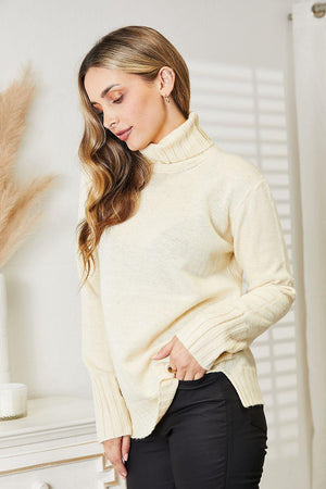 Long Sleeve Cream Plus Size Turtleneck Sweater - MXSTUDIO.COM